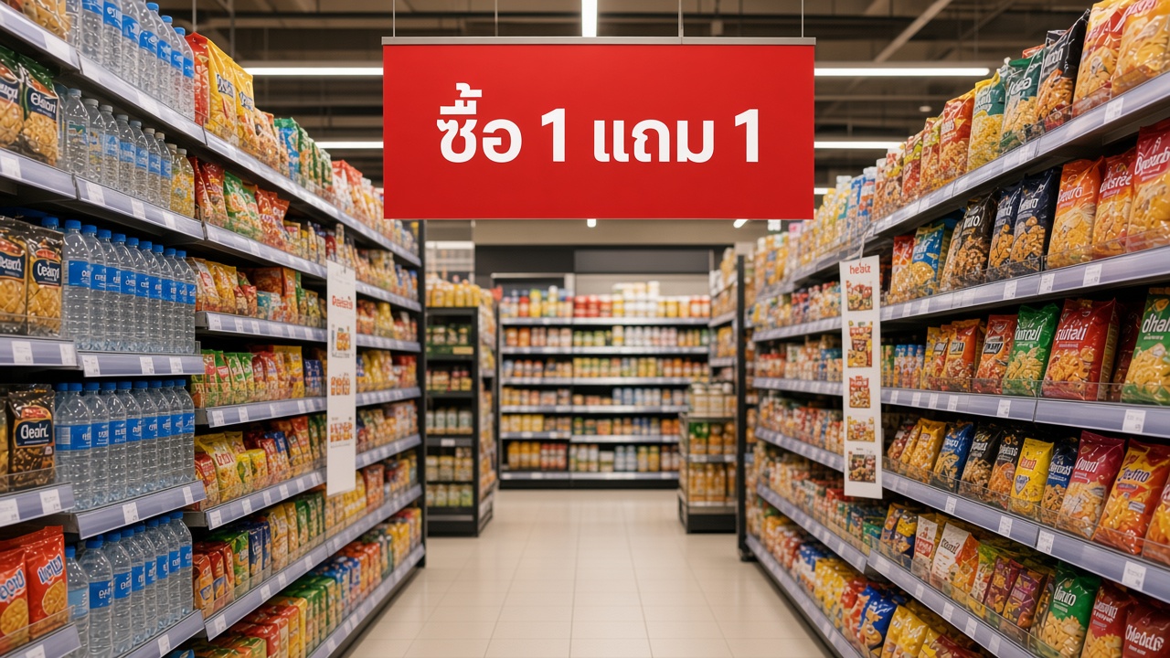 ป้ายโปรโมชันซื้อ 1 แถม 1 ในร้าน